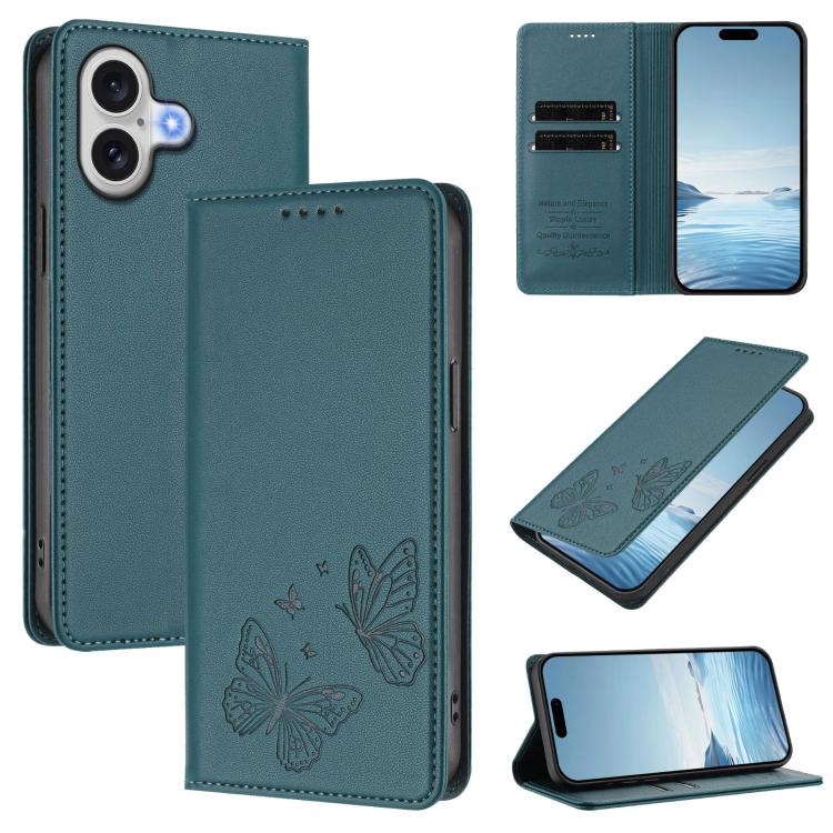 For iPhone 17 Strong Magnetic Dual Butterfly RFID Vegan Leather Phone Case(Peacock Green)