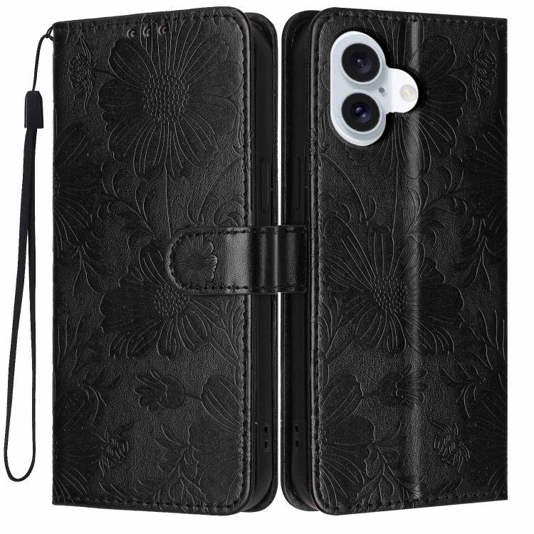 For iPhone 17 Sunflower Embossed Vegan Leather Phone Case with Small Black Rope(Black)