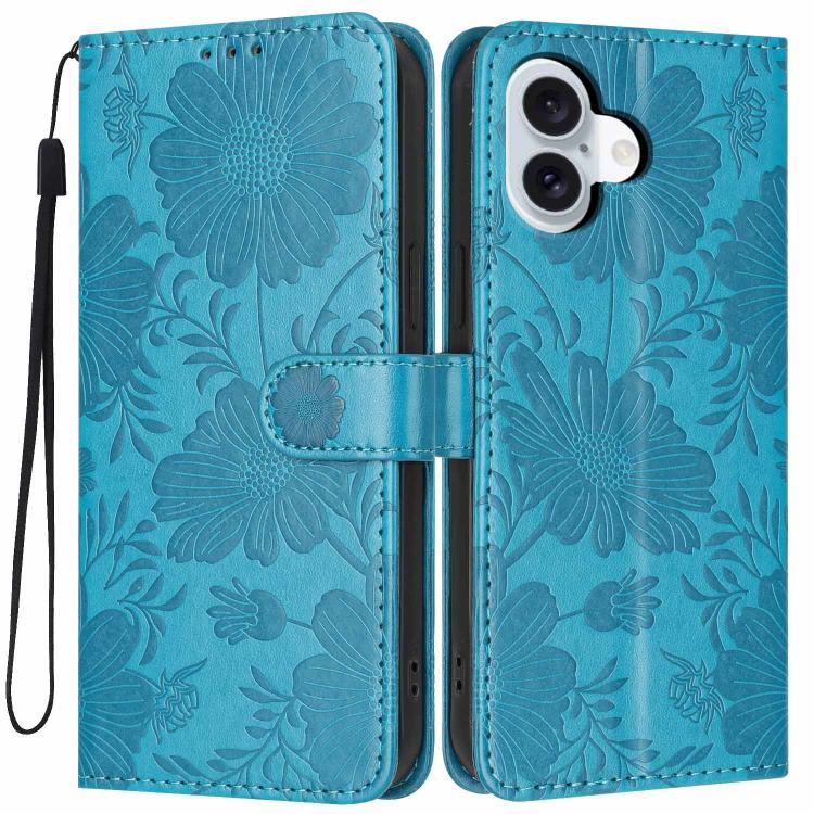 For iPhone 17 Sunflower Embossed Vegan Leather Phone Case with Small Black Rope(Blue)