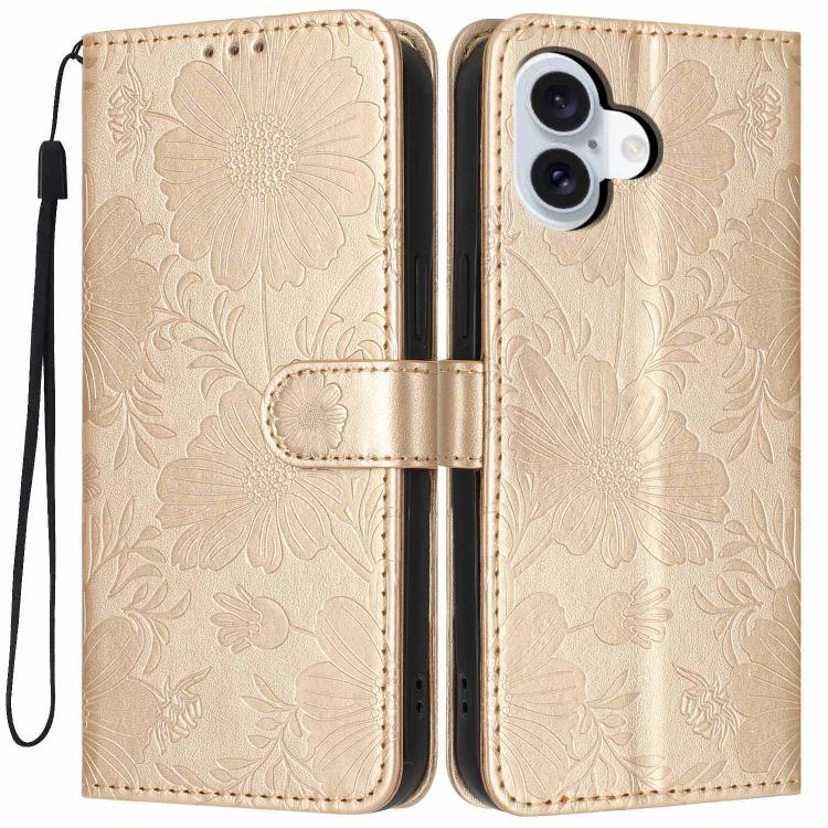 For iPhone 17 Sunflower Embossed Vegan Leather Phone Case with Small Black Rope(Gold)