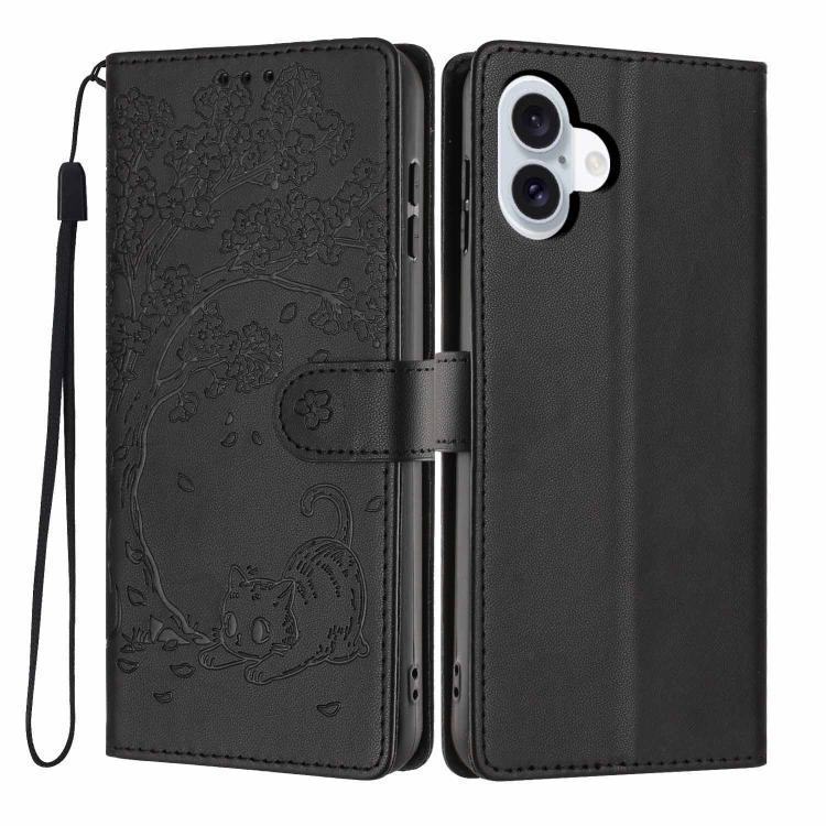 For iPhone 17 Tree Cat Embossed Flip Vegan Leather Phone Case(Black)