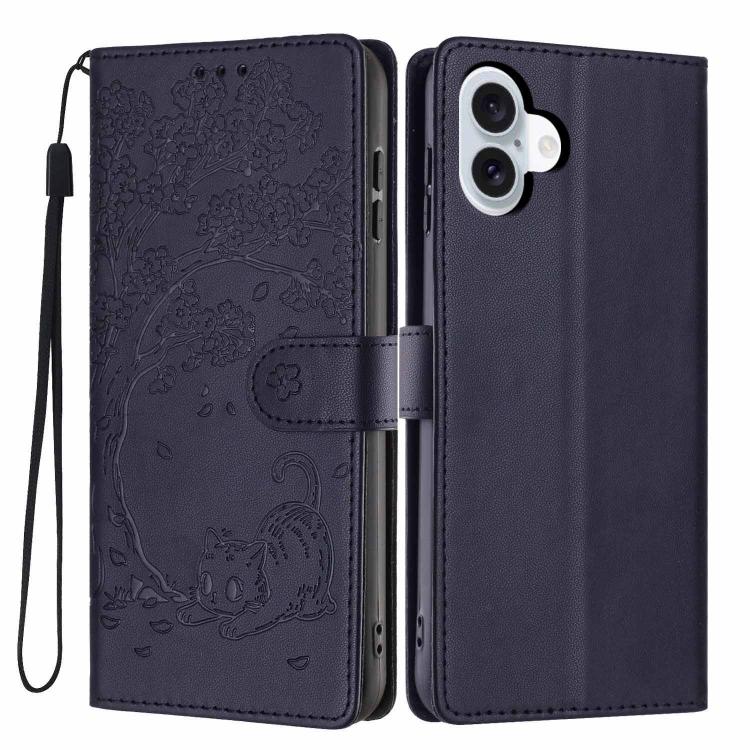 For iPhone 17 Tree Cat Embossed Flip Vegan Leather Phone Case(Dark Blue)