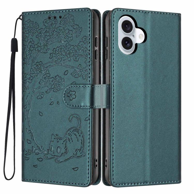 For iPhone 17 Tree Cat Embossed Flip Vegan Leather Phone Case(Deep Green)