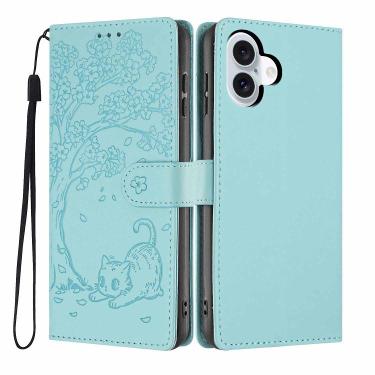 For iPhone 17 Tree Cat Embossed Flip Vegan Leather Phone Case(Light Green)