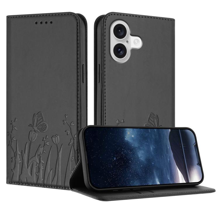 For iPhone 17 Tulips Butterfly Pattern Magnetic Vegan Leather Phone Case(Black)
