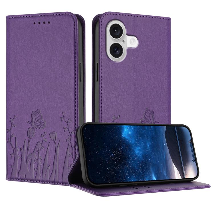 For iPhone 17 Tulips Butterfly Pattern Magnetic Vegan Leather Phone Case(Dark Purple)