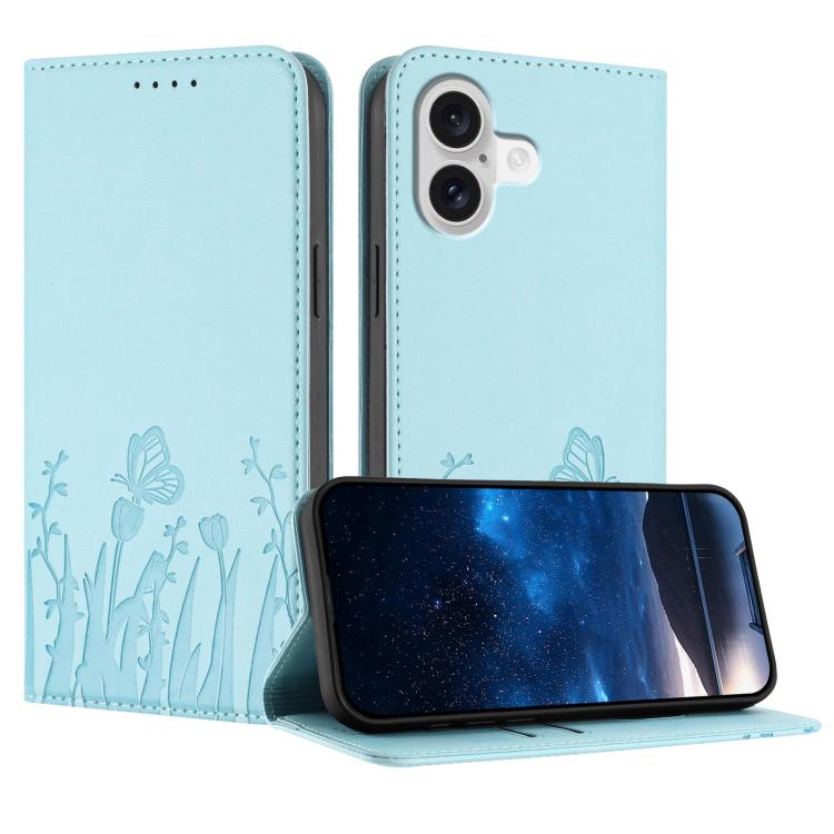 For iPhone 17 Tulips Butterfly Pattern Magnetic Vegan Leather Phone Case(Light Blue)