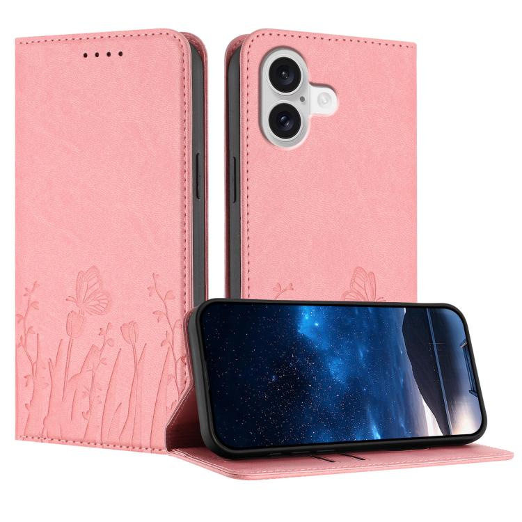 For iPhone 17 Tulips Butterfly Pattern Magnetic Vegan Leather Phone Case(Pink)