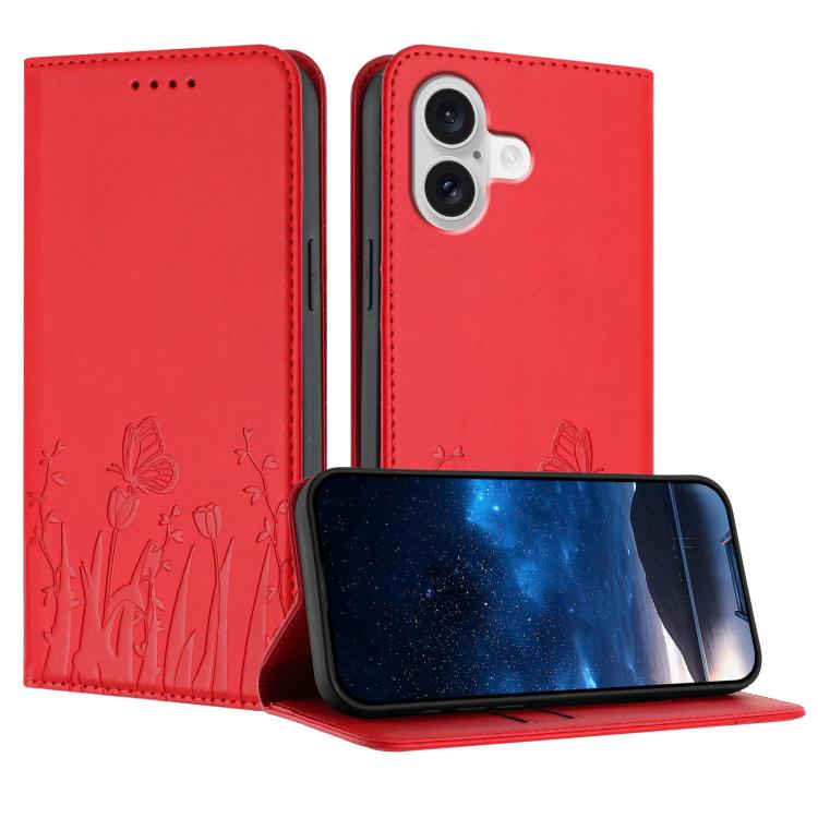 For iPhone 17 Tulips Butterfly Pattern Magnetic Vegan Leather Phone Case(Red)