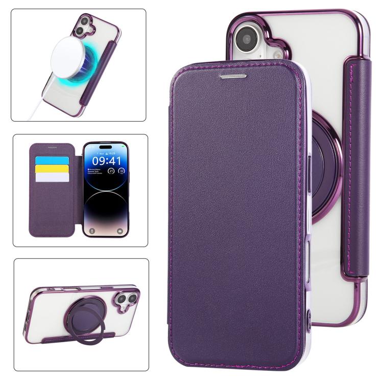 For iPhone 17 Ultra-thin Rotation Holder Magnetic Plating Vegan Leather Phone Case(Purple)