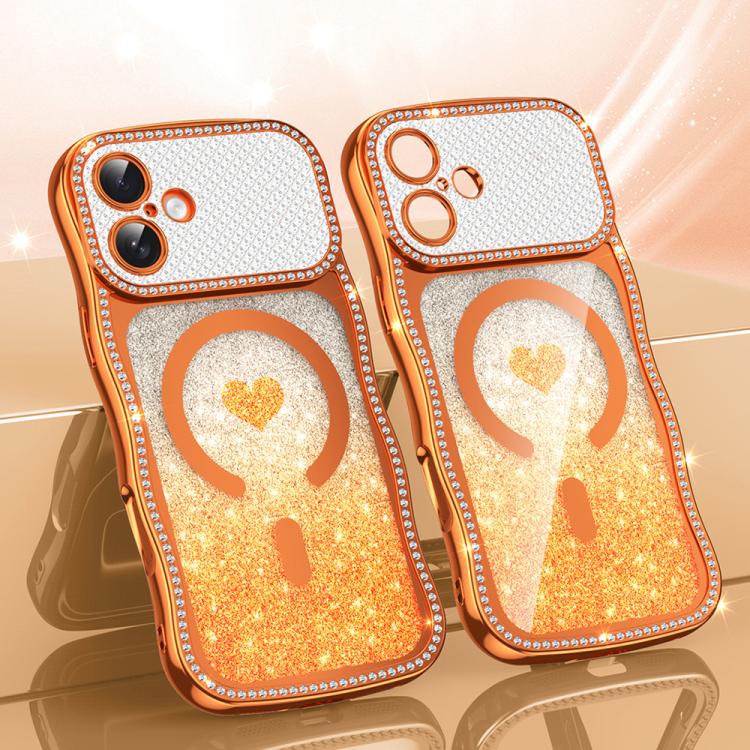 For iPhone 17 Wavy Frame Star Diamond Electroplate TPU Glitter Heart Magnetic Phone Case(Gradient Orange)