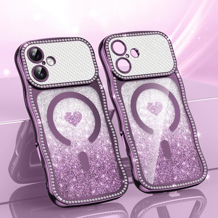 For iPhone 17 Wavy Frame Star Diamond Electroplate TPU Glitter Heart Magnetic Phone Case(Gradient Purple)