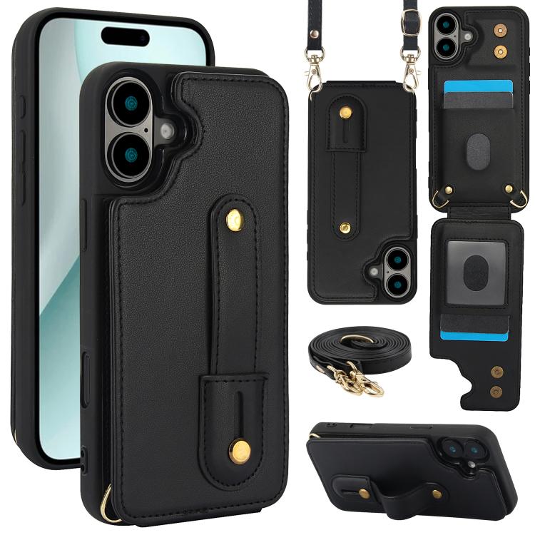 For iPhone 17 Wristband Vertical Flip Wallet Back Cover Phone Case with Long Lanyard(Black)