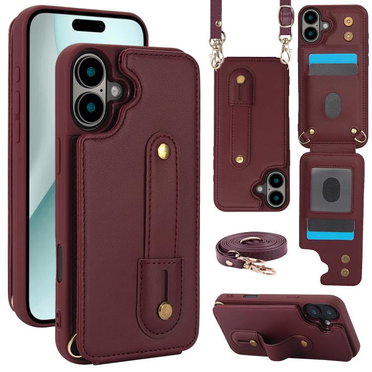 For iPhone 17 Wristband Vertical Flip Wallet Back Cover Phone Case with Long Lanyard(Wine Red)