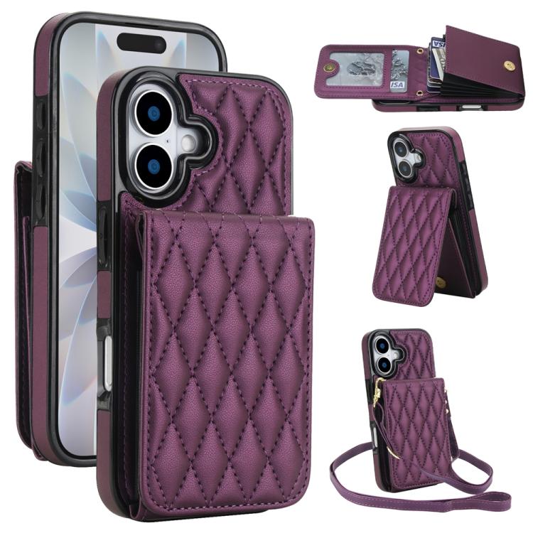 For iPhone 17 YM015 Crossbody Rhombic Card Bag RFID Phone Case(Dark Purple)