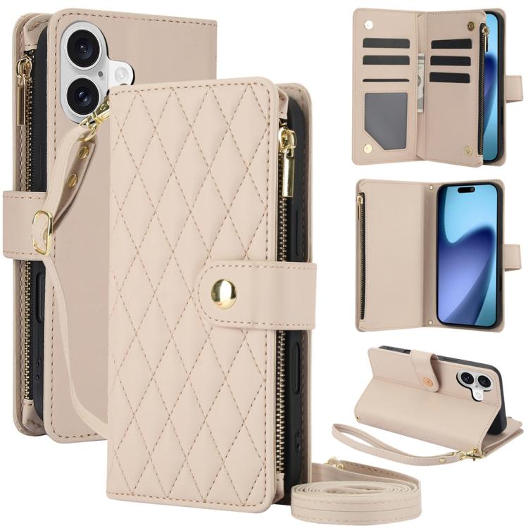 For iPhone 17 YM016 Rhombic Zipper Card Wallet Leather Phone Case with Lanyard(Apricot)