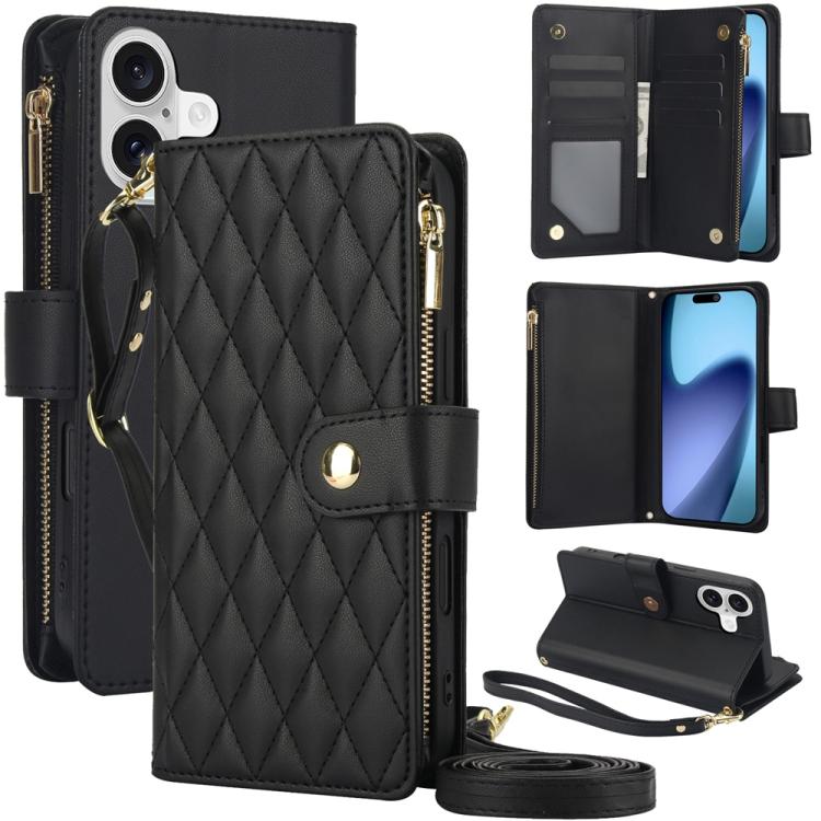 For iPhone 17 YM016 Rhombic Zipper Card Wallet Leather Phone Case with Lanyard(Black)