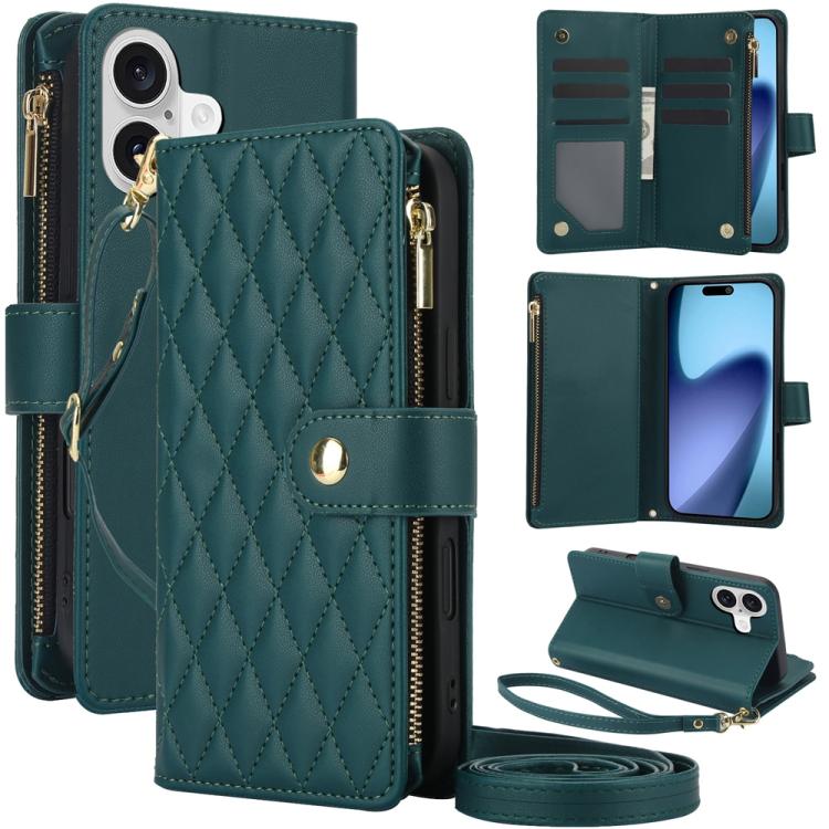For iPhone 17 YM016 Rhombic Zipper Card Wallet Leather Phone Case with Lanyard(Green)