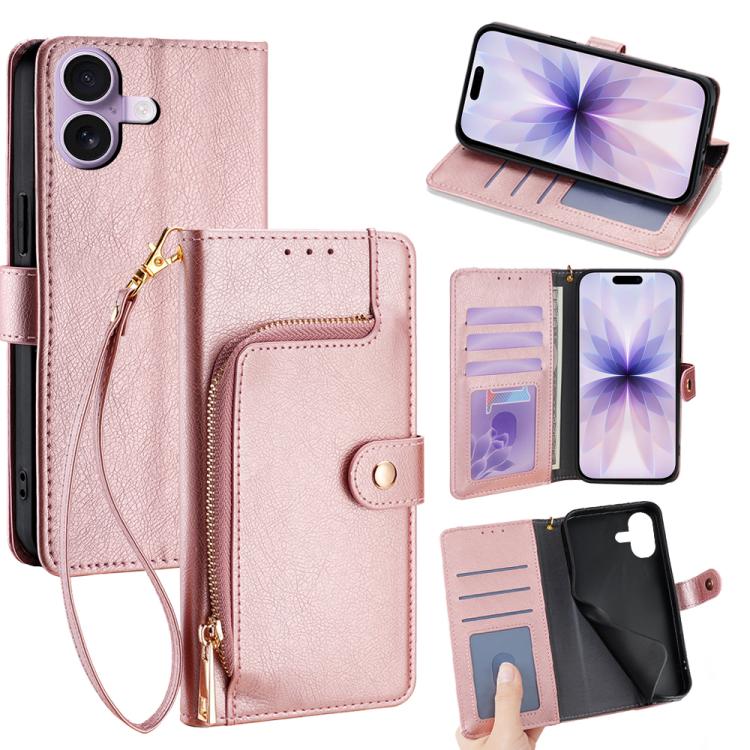 For iPhone 17 Zipper Bag Leather Phone Case(Rose Gold)