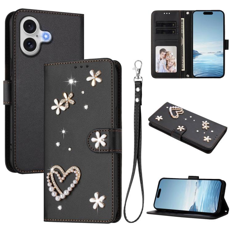 For iPhone 17 ZS01 Double-Layer Heart Floral Vegan Leather Phone Case with Wrist Strap(Black)