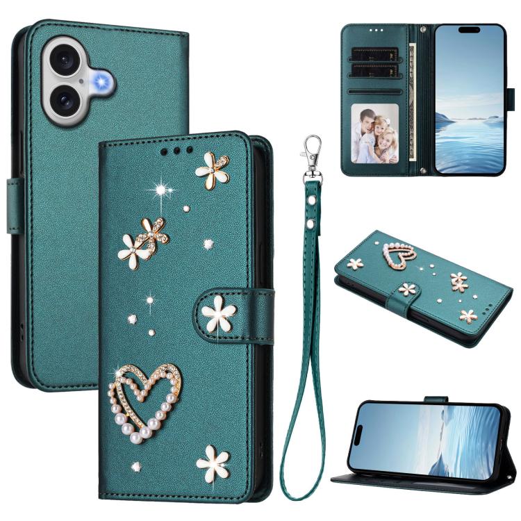 For iPhone 17 ZS01 Double-Layer Heart Floral Vegan Leather Phone Case with Wrist Strap(Dark Green)