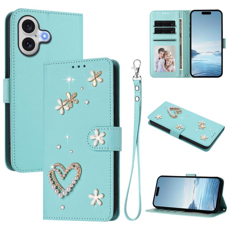 For iPhone 17 ZS01 Double-Layer Heart Floral Vegan Leather Phone Case with Wrist Strap(Mint Green)