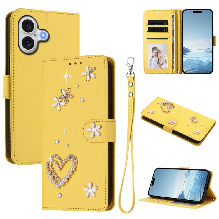 For iPhone 17 ZS01 Double-Layer Heart Floral Vegan Leather Phone Case with Wrist Strap(Yellow)