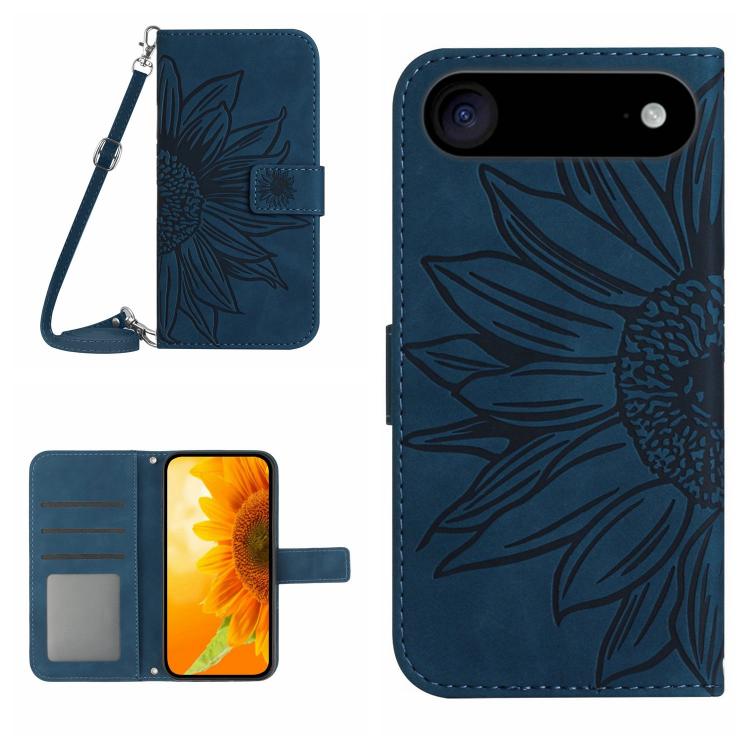 For iPhone Air Skin Feel Sun Flower Embossed Flip Leather Phone Case with Lanyard(Inky Blue)