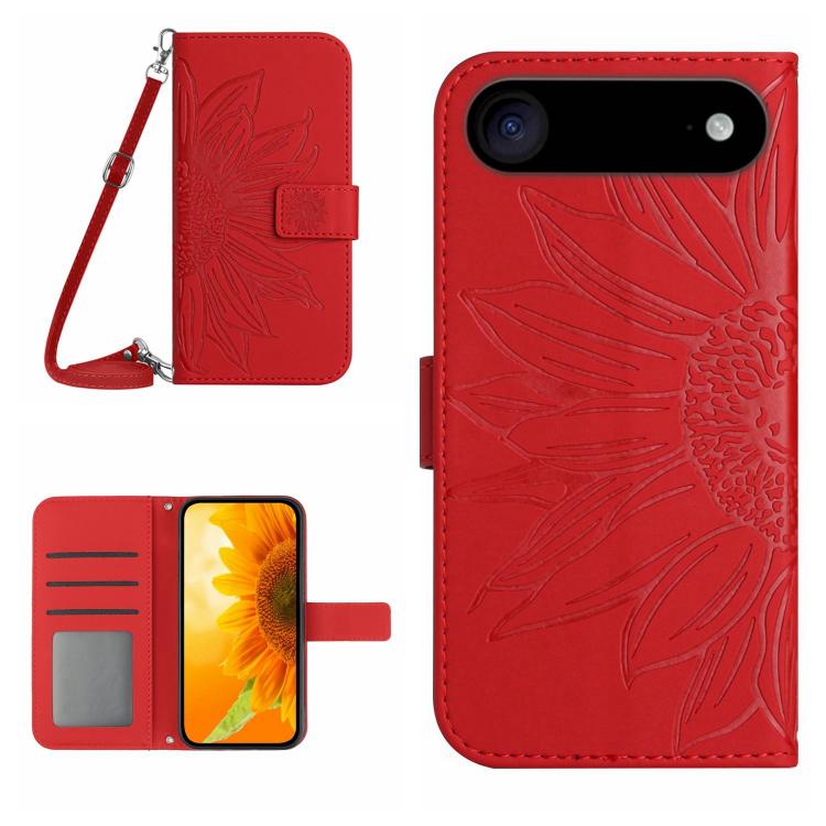 For iPhone Air Skin Feel Sun Flower Embossed Flip Leather Phone Case with Lanyard(Red)