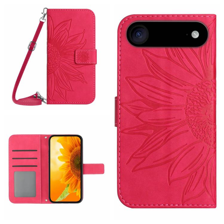 For iPhone Air Skin Feel Sun Flower Embossed Flip Leather Phone Case with Lanyard(Rose Red)
