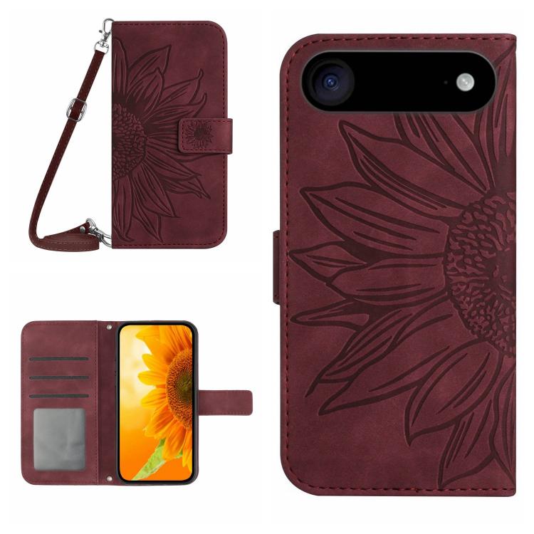For iPhone Air Skin Feel Sun Flower Embossed Flip Leather Phone Case with Lanyard(Wine Red)