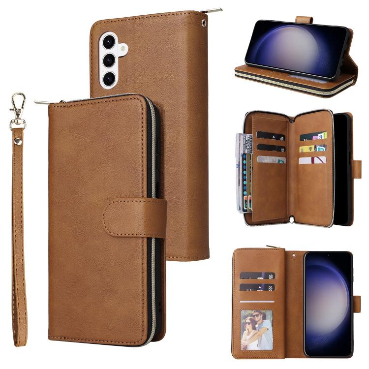 For Samsung Galaxy S26 5G 9-Card Slots Zipper Wallet Bag Leather Phone Case(Brown)