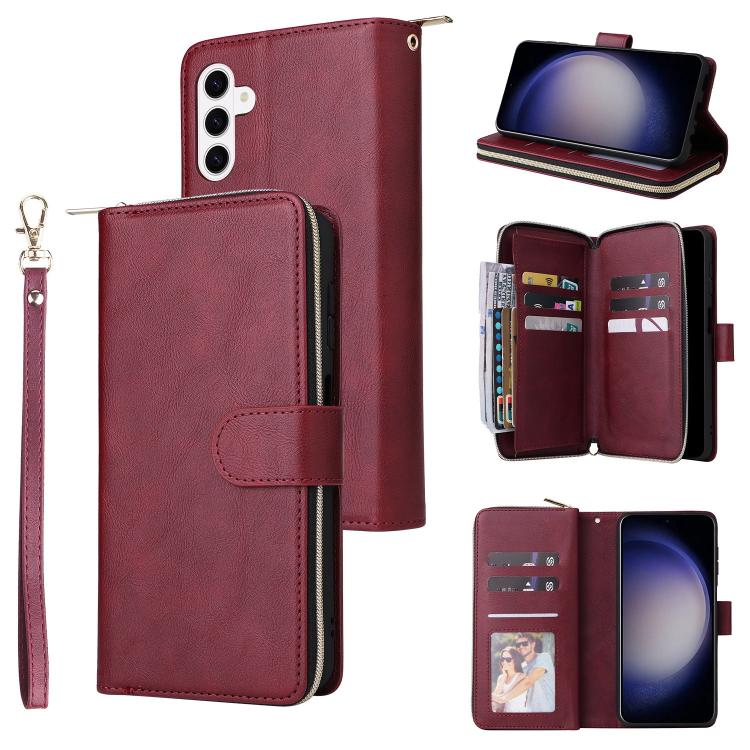 For Samsung Galaxy S26 5G 9-Card Slots Zipper Wallet Bag Leather Phone Case(Wine Red)