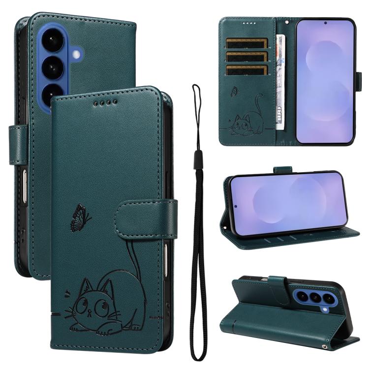 For Samsung Galaxy S26 5G Adorable Cat Embossed Pattern Flip Leather Phone Case(Dark Green)
