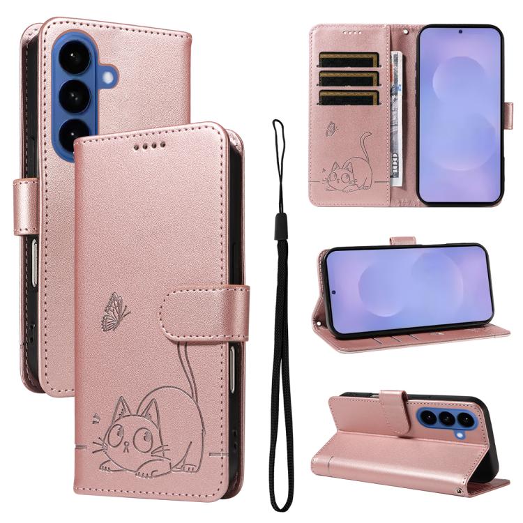For Samsung Galaxy S26 5G Adorable Cat Embossed Pattern Flip Leather Phone Case(Rose Gold)