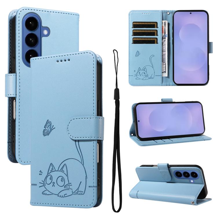 For Samsung Galaxy S26 5G Adorable Cat Embossed Pattern Flip Leather Phone Case(Sky Blue)