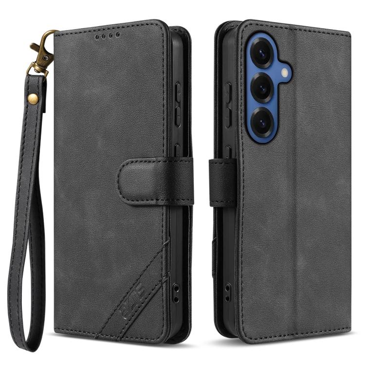 For Samsung Galaxy S26 5G AZNS A2 Series Tri-Card Wallet RFID Vegan Leather Phone Case with Strap(Black)