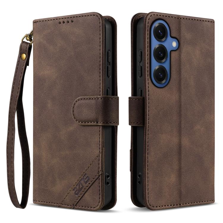 For Samsung Galaxy S26 5G AZNS A2 Series Tri-Card Wallet RFID Vegan Leather Phone Case with Strap(Brown)