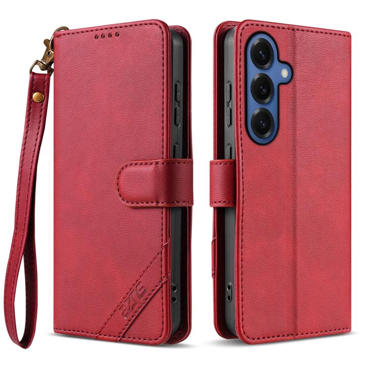 For Samsung Galaxy S26 5G AZNS A2 Series Tri-Card Wallet RFID Vegan Leather Phone Case with Strap(Red)