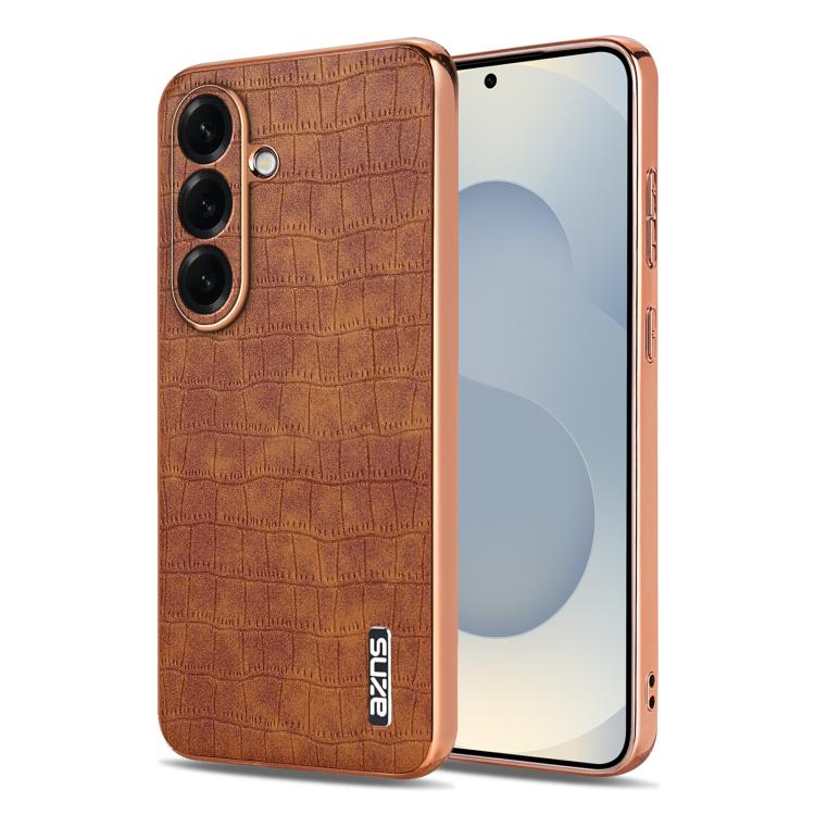 For Samsung Galaxy S26 5G AZNS Electroplated Frame Crocodile Texture Full Coverage Phone Case(Brown)