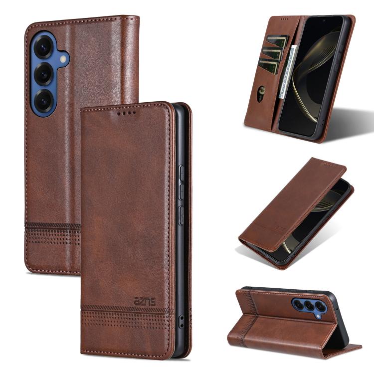 For Samsung Galaxy S26 5G AZNS Magnetic Calf Texture Flip Leather Phone Case(Dark Brown)