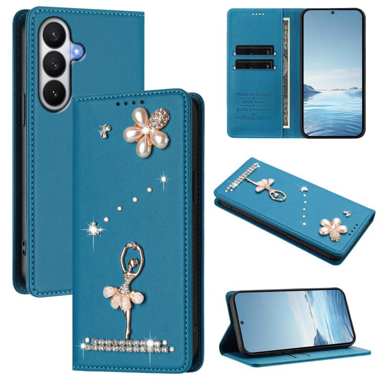 For Samsung Galaxy S26 5G Ballet Girl Diamond Studded RFID Vegan Leather Phone Case(Lake Blue)