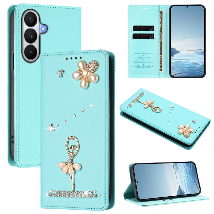 For Samsung Galaxy S26 5G Ballet Girl Diamond Studded RFID Vegan Leather Phone Case(Mint Green)