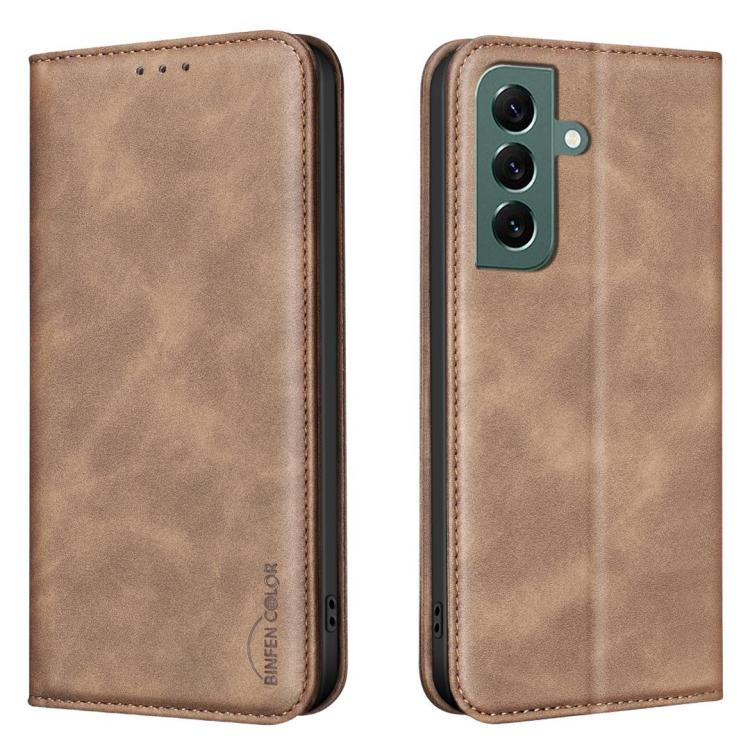 For Samsung Galaxy S26 5G BINFEN COLOR Calfskin Texture Magnetic RFID Vegan Leather Phone Case(Brown)