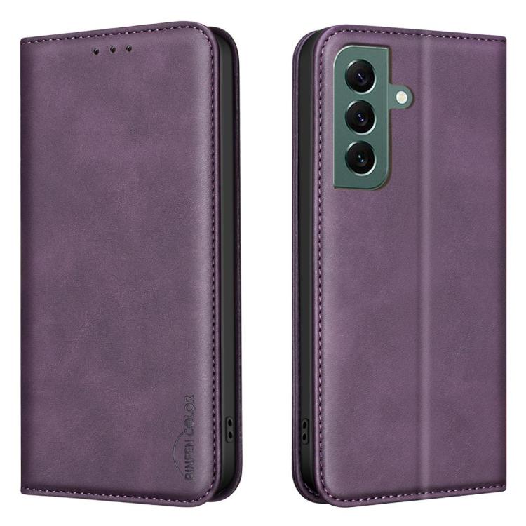 For Samsung Galaxy S26 5G BINFEN COLOR Calfskin Texture Magnetic RFID Vegan Leather Phone Case(Purple)