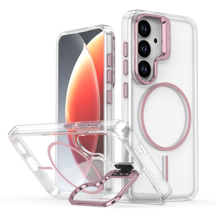 For Samsung Galaxy S26 5G Bright Color Clear MagSafe Lens Frame Holder Phone Case(Pink)