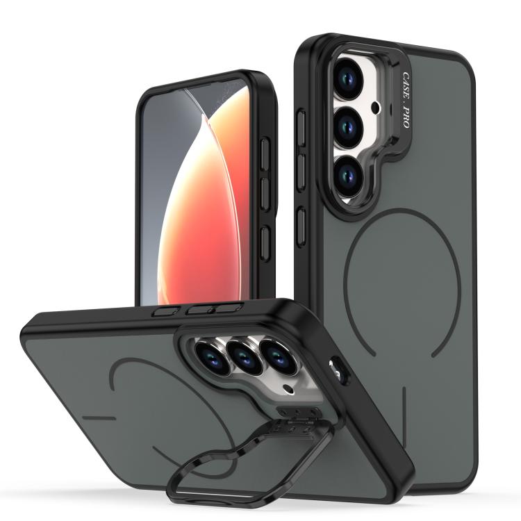 For Samsung Galaxy S26 5G Bright Color Contrast Skin-feel Camera Bracket Magsafe Phone Case(Black)