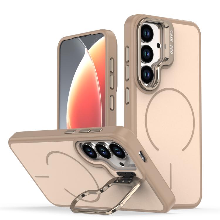 For Samsung Galaxy S26 5G Bright Color Contrast Skin-feel Camera Bracket Magsafe Phone Case(Desert Gold)