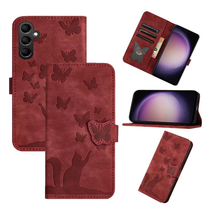 For Samsung Galaxy S26 5G Butterfly Cat Embossing Flip Leather Phone Case(Red)