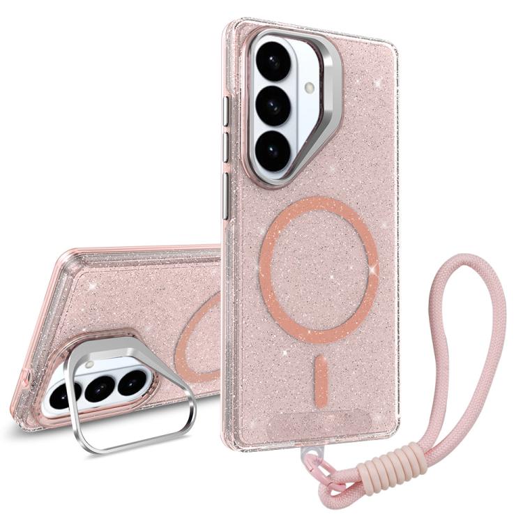 For Samsung Galaxy S26 5G Camera Bracket Glitter Magnetic Phone Case with Lanyard(Pink)